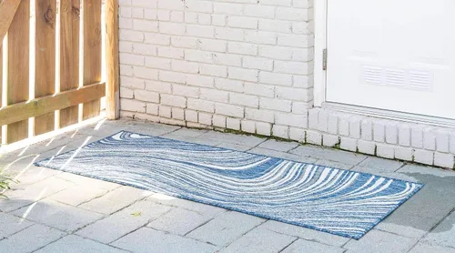 Vista 2 de Unique Loom colección moderna para exteriores - Alfombra de área para piscina (2 pies x 6 pies 1 pulgada alfombra de pasillo, color azul/marfil)