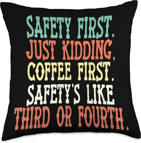 Vista 4 de Remember Safety First Just Kidding Safety Just Kidding Coffee First - Almohada decorativa con refranes divertidos, 16 x 16 pulgadas, multicolor