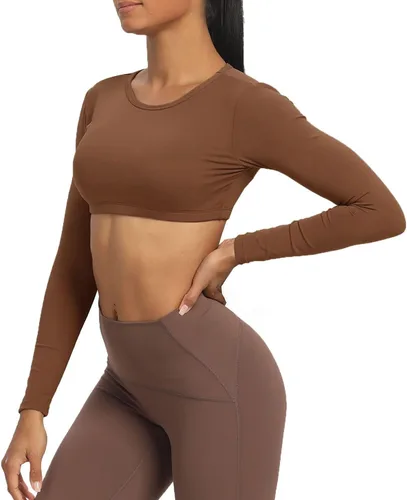Vista 3 de Aoxjox Camiseta corta de manga larga para mujer, Clarissa sin espalda, para entrenamiento