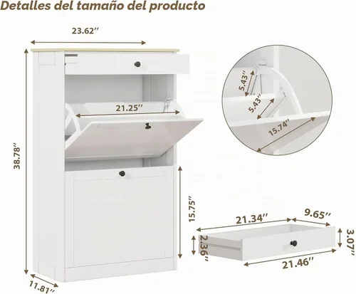 Vista 2 de Entrada de almacenamiento de zapatos con 2 cajones abatibles, armario Grano blanco+madera