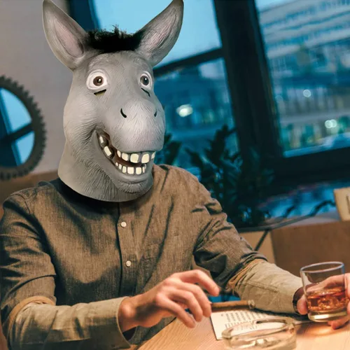 Vista 7 de Molezu Shrek - Máscara de burro para Halloween, disfraz de lujo, fiesta de disfraces, cosplay, cabeza de animal de látex para adultos