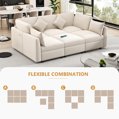 Vista 4 de Sofá modular en forma de U de 86.6 pulgadas, sofá cama en forma de L con una otomana móvil y dos puertos USB para sala de estar (beige)