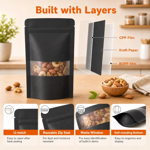 Vista 4 de 100 bolsas de papel kraft negro con ventana, bolsas de pie de 3.5 x 5.5 pulgadas, bolsas de almacenamiento de alimentos para productos de embalaje