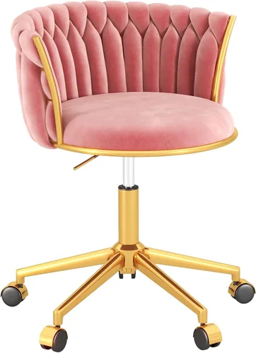 Vista 12 de Silla de oficina en casa tejida de terciopelo, moderna silla de escritorio giratoria con ruedas, silla de tocador ajustable en altura con base