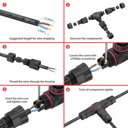Vista 6 de AOHUA Caja de conexiones de 3 vías, conector M20 de 2 pines, 500 V/20 A, conector de cable eléctrico impermeable en forma de T IP68 para cable
