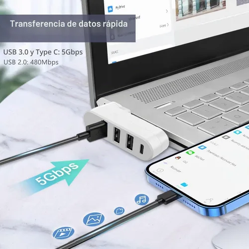 Vista 4 de VIENON Hub USB 3.0 de 4 puertos [90/180 giratorio], divisor USB con 3 puertos USB y 1 puerto USB C de alimentación/datos, extensor USB