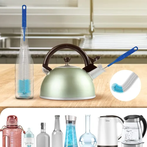 Vista 4 de Juego de 7 cepillos de limpieza de botellas de agua de mango largo de acero inoxidable para limpiar botellas de cerveza de cuello estrecho, tazas