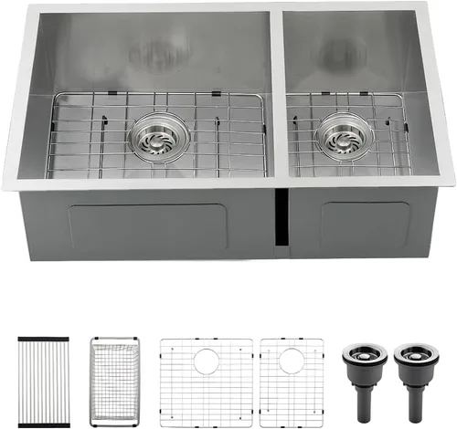 Vista 10 de Fregadero de cocina negro de 33 x 17 pulgadas con doble tazón, 33 x 17 x 9 pulgadas, calibre 16, acero inoxidable negro, montaje inferior