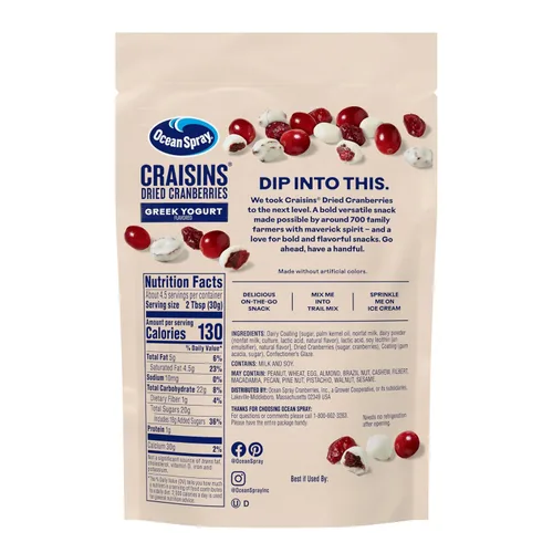 Vista 9 de Ocean Spray® Yogur griego cubierto Craisins®, sabor a yogur griego, arándanos cubiertos, frutas secas, bolsa de 5 onzas