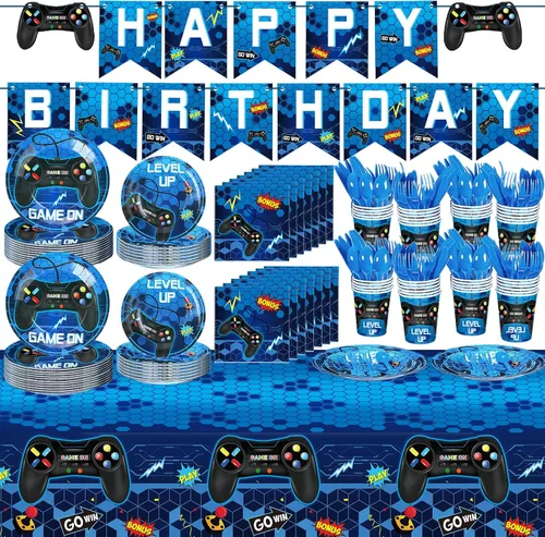 Vista 8 de Tiamon 172 piezas de decoración de fiesta de videojuegos – Sirve 24 suministros de vajilla de fiesta de juegos, incluye pancartas de feliz