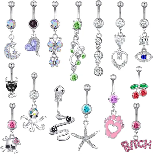 Vista 7 de TAMHOO - Paquete de 15 anillos para ombligo de 14 G de acero inoxidable con circonita cúbica AAA para mujer