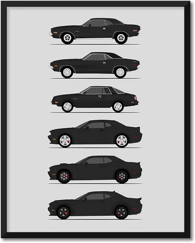 Vista 10 de Custom Car Posters Póster hecho a mano compatible con Dodge Challenger Generations e impresión de Challenger SRT, multicolor, impresión metálica