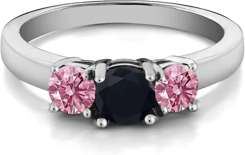 Vista 2 de Anillo de plata de ley 925 con diamantes cultivados en laboratorio de ónix negro y rosa de 098 quilates