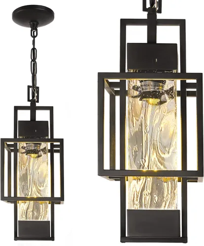 Vista 9 de Lámpara colgante de 15 pulgadas para interiores y exteriores, moderna lámpara de araña de metal negro para exteriores, lámpara de techo con vidrio
