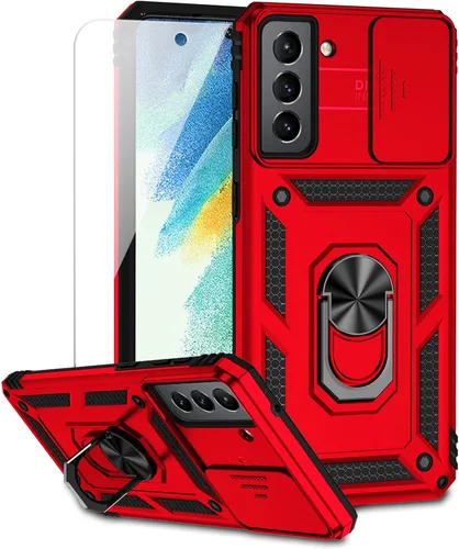 Vista 13 de Funda para Samsung Galaxy S21 FE 5G con cubierta para lente de cámara, protector de pantalla HD, soporte de anillo magnético con función de soporte