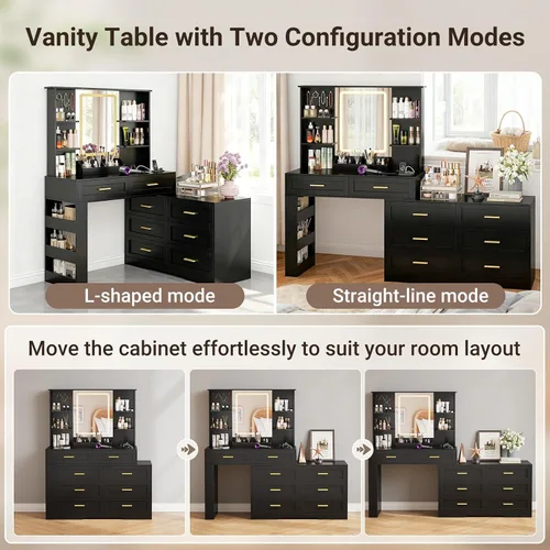 Vista 6 de ELYKEN Tocador de maquillaje con cómoda, escritorio de tocador con estación de carga y espejo iluminado para dormitorio, mesa de tocador