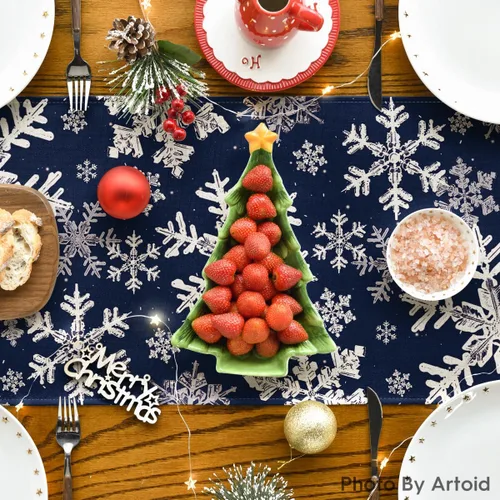 Vista 4 de Artoid Mode Camino de mesa de Navidad con copos de nieve azul marino, decoración de mesa de comedor para vacaciones de invierno, para decoración