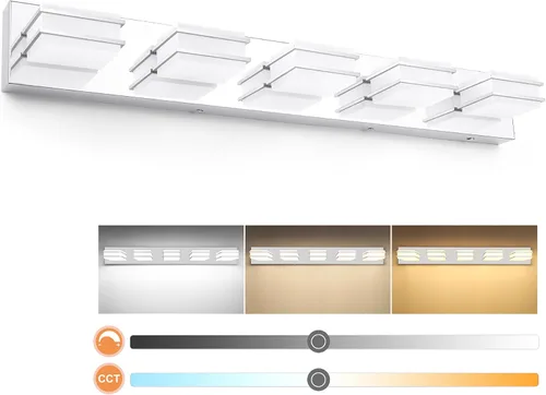 Vista 15 de 3 lámparas de baño regulables de temperatura de color para sobre espejo, lámparas de tocador LED cromadas de 3 luces, lámparas de tocador de baño