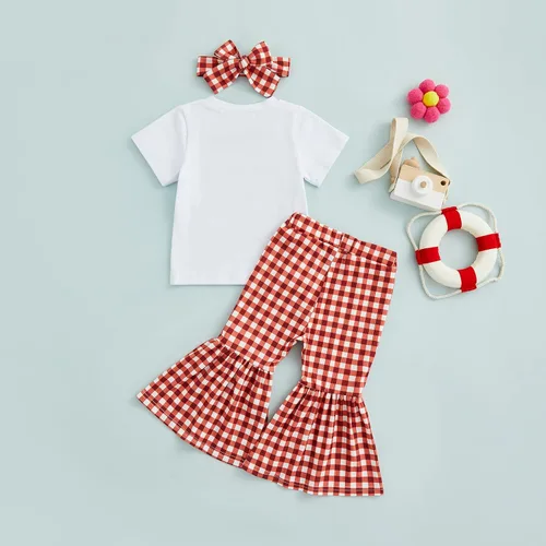 Vista 3 de Conjunto de 2 piezas para bebé niña pequeña, camiseta de manga corta con letras, pantalones acampanados, pantalones acampanados, ropa de festival