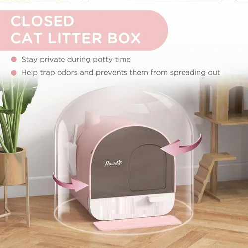 Vista 4 de PawHut Caja de arena para gatos con tapa, caja de arena cubierta para gatos de interior con bandeja, pala, alfombra, filtro, 17" x 17" x 18.5", rosa