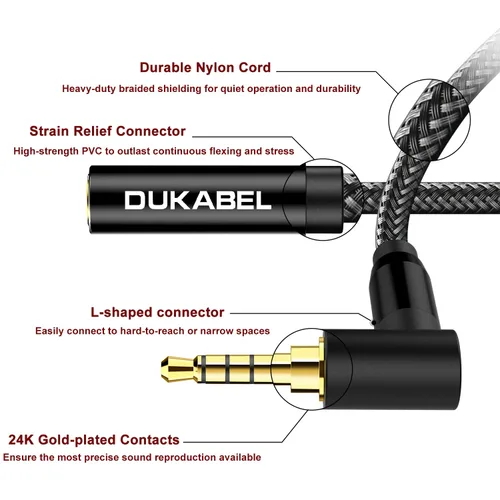 Vista 4 de DUKABEL Cables de extensión para auriculares, 1.2 metros (4 pies) con ángulo recto de 3.5mm TRRS para auriculares con micrófono y extensión