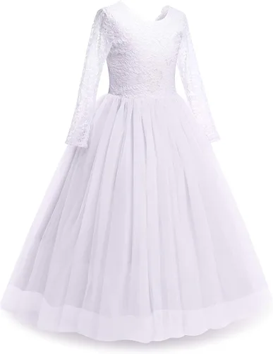 Vista 3 de Iwemek - Vestido largo y ampón con encaje floral de estilo clásico, para bodas, bailes, primeras comuniones y concursos de belleza