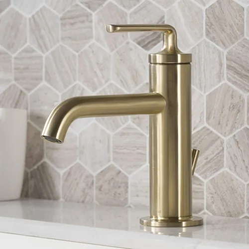 Vista 2 de KRAUS Ramus KBF-1221BG-2PK - Grifo de lavabo de baño de una sola manija con drenaje de varilla de elevación en oro cepillado