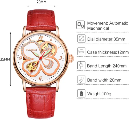 Vista 5 de RORIOS Reloj de esqueleto para mujer, reloj automático de cuerda automática con correa de cuero, reloj de pulsera para mujer