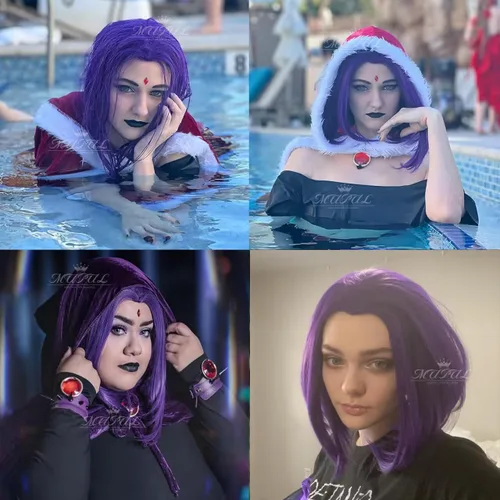 Vista 6 de Peluca Corta Púrpura Cosplay Peluca Corta Bob Púrpura Peluca de Halloween para Disfraces de Mujeres Púrpura/Bob