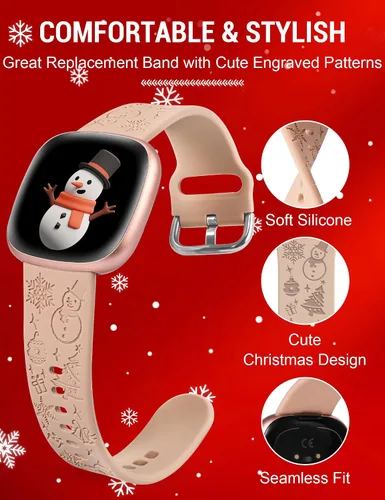 Vista 3 de W-RARA Correa de reloj grabada de Navidad compatible con Fitbit Versa 4/Versa 3/Sense 2/Sense, mujeres y hombres, silicona suave, lindo muñeco