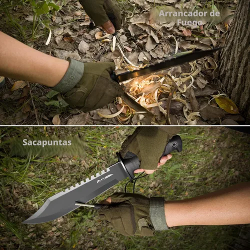 Vista 2 de Cuchillo de supervivencia y caza FLISSA con vaina, cuchillo táctico Bowie de hoja fija de 15 pulgadas con afilador y arrancador de fuego