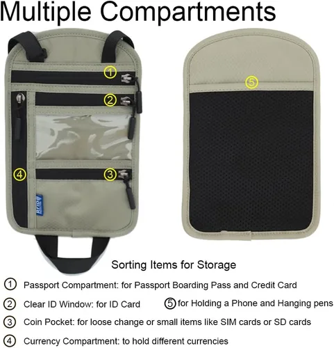 Vista 2 de Bolsa de viaje con bloqueo RFID para hombres, organizador de documentos, soporte para pasaporte para cuello, cartera delgada y con cordón, Azul