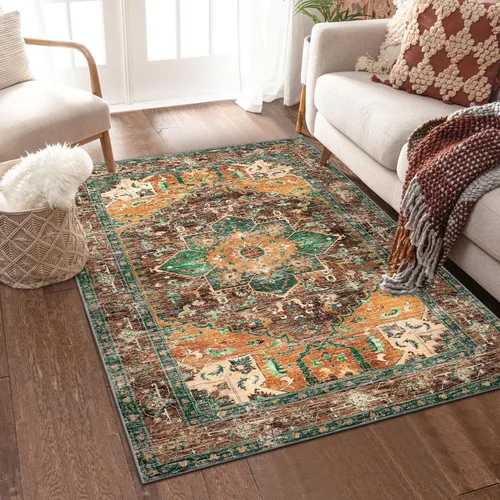 Vista 58 de Yamaziot Tapete lavable de 2 x 3 pulgadas, para entrada pequeña, antideslizante, estilo bohemio vintage, reverso de goma, lana sintética de pelo