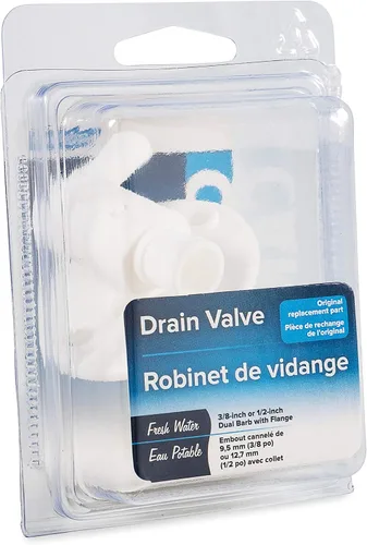 Vista 4 de Camco 22223 Válvula de drenaje - 3/8" o 1/2" doble púa con brida, color blanco (paquete de 6)