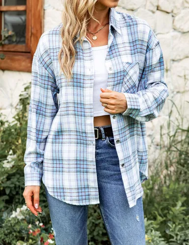 Vista 3 de Megfie Camisa de franela de gran tamaño para mujer, camisa de franela suave con botones y manga larga enrollable, camisa a cuadros para mujer