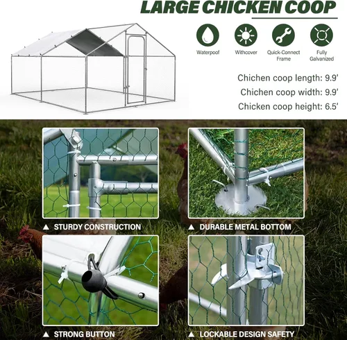 Vista 2 de ORANLAND Gallinero de metal grande, 9.9 x 9.9 x 6.6 pies con tapa, corral de pollo con techo de espira con cerradura de seguridad, jaula de conejo