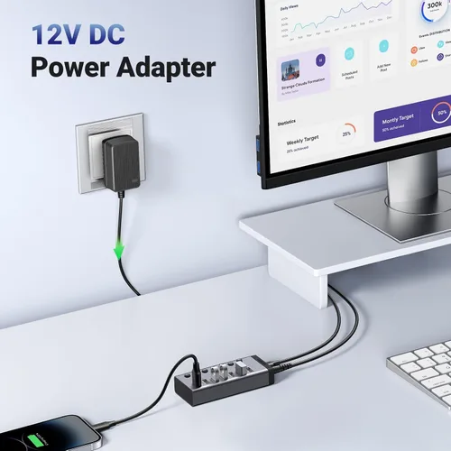 Vista 7 de UGREEN - Hub USB 3.0, adaptador USB de 7 puertos con 4 puertos de carga inteligente, divisor USB con interruptores individuales de encendido/apagado
