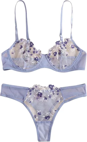 Vista 2 de Lilosy Conjunto de lencería sexy floral bordado de malla con aros