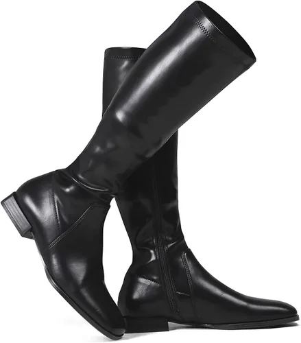Vista 2 de GENSHUO Botas altas hasta la rodilla para mujer, cómodas botas de tacón plano vintage con punta cuadrada para otoño e invierno, con cremallera