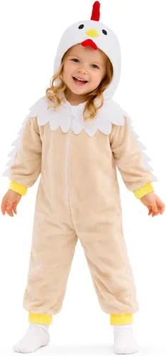 Vista 2 de Disfraz de pollo beige para niñas y niños, overol de animal con capucha 3D para fiesta de Halloween