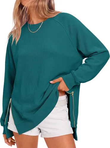 Vista 12 de ANRABESS - Sudadera de gran tamaño para mujer, cuello redondo, manga larga, tipo túnica, con cremallera lateral, sudadera con capucha, suéter