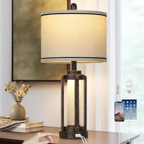Vista 10 de 26" Modern Lamp for Living Room, Industrial 3-Way Dimmable Beside Table Lamp with USB A+C Charging Ports & AC Outlet, Touch Control Beside Lamp LED