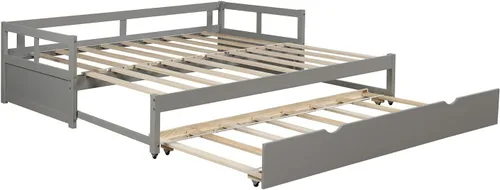 Vista 4 de Sofá cama tamaño individual, sofá cama individual con nido, sofá cama de madera extensible, sofá cama para dormitorio/sala de estar, gris