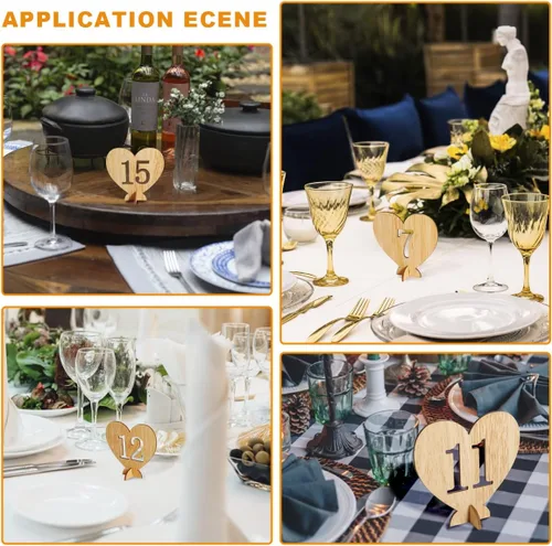 Vista 7 de Números de mesa de madera con forma de corazón del 1 al 20 con base de soporte, tarjetas de madera rústicas huecas para bodas, fiestas, decoración