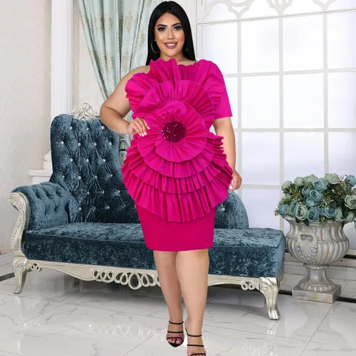 Vista 2 de ONTINVA Mini vestidos de lentejuelas para mujer, con un hombro descubierto, diseño de flores, con abertura, cóctel, fiesta, boda, mini vestidos
