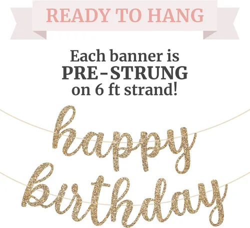 Vista 2 de Cartel de feliz cumpleaños pre-encordado, sin bricolaje, pancarta de fiesta de cumpleaños con purpurina dorada en escritura, guirnalda preencordada