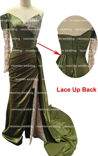 Vista 2 de Vestidos de fiesta de sirena con abertura, largos 2024, de un hombro, satén, lentejuelas, vestidos de noche formales con mangas