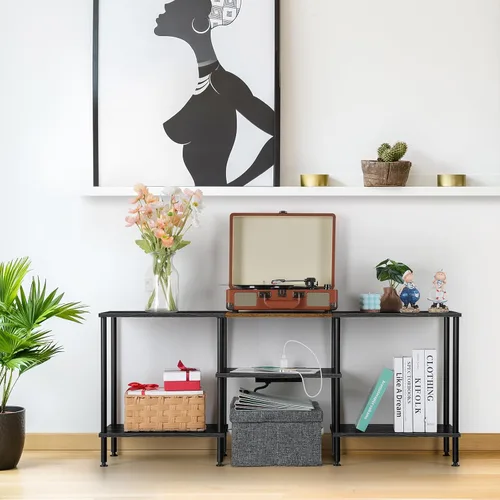 Vista 5 de OYEAL Soporte de TV Negro para Dormitorio con Tomas de Corriente para TV de hasta 50 Pulgadas, Pequeño Centro de Entretenimiento con Almacenamiento