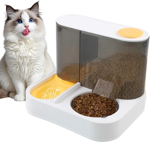 Vista 8 de Juego de dispensador automático de alimentos y agua para gatos, 2 en 1, comedero de gravedad todo en uno con tazón de comida para gatos de acero