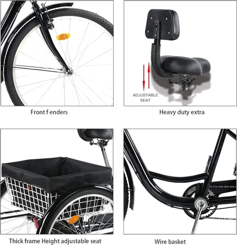 Vista 2 de Triciciclos para adultos con ruedas bajas de 24/26 pulgadas, con cesta de carga, herramienta de montaje completo, triciclos para adultos, triciclos